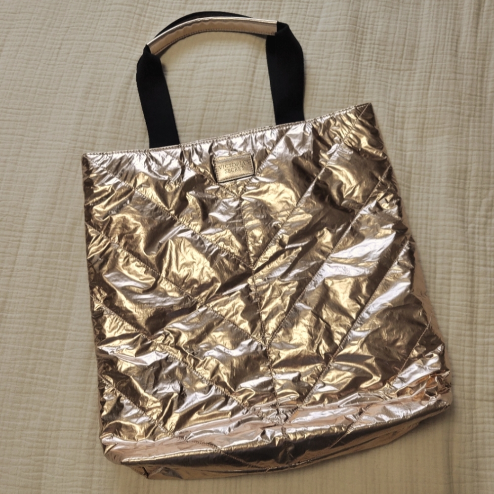 Victoria's Secret Rose Gold Metallic Foil Quilted Open Tote Weekend Bag
